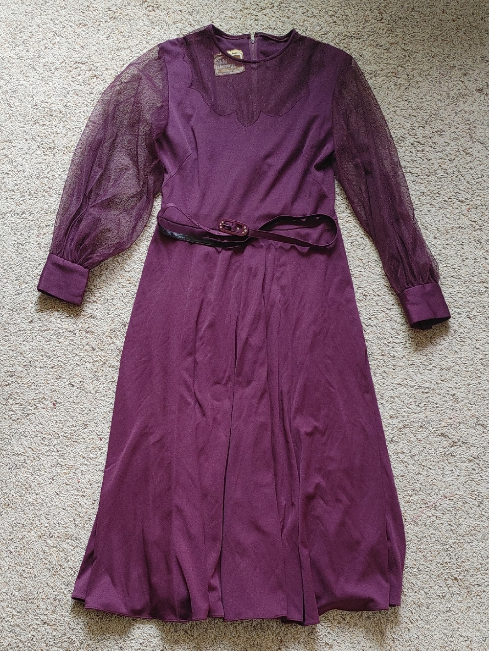 Vintage Plum Long Sleeve Midi Dress with Sheer Sleeves